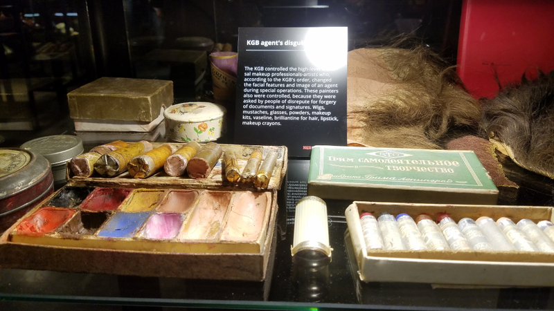 Not everything was designed in a secret laboratory... Pictured, KGB disguise kits with makeup and rubber wigs.